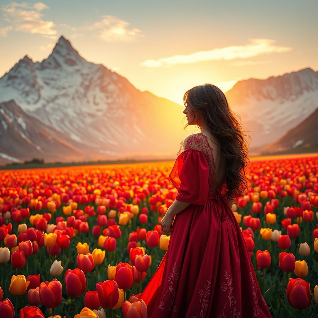 Majestic Woman Amidst Vibrant Tulips in Enchanted Landscape