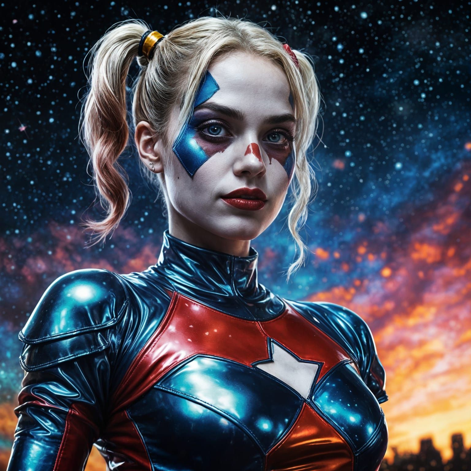 Hyperrealistic Cosmic Goddess in Vibrant Latex Attire