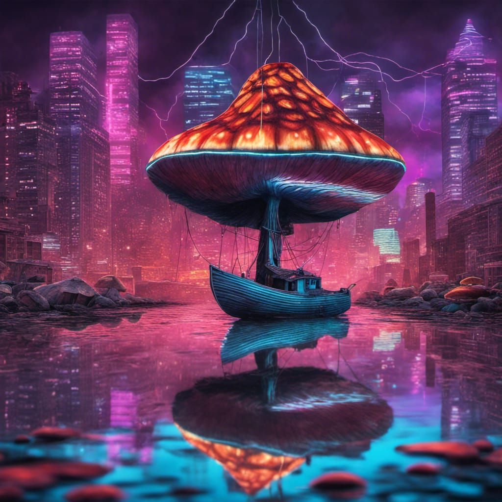 Neon Paper Boat Sails in Cyberpunk Mushroom City