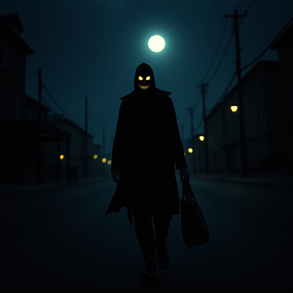 Eerie Grinning Man in Dark Cinematic Scene