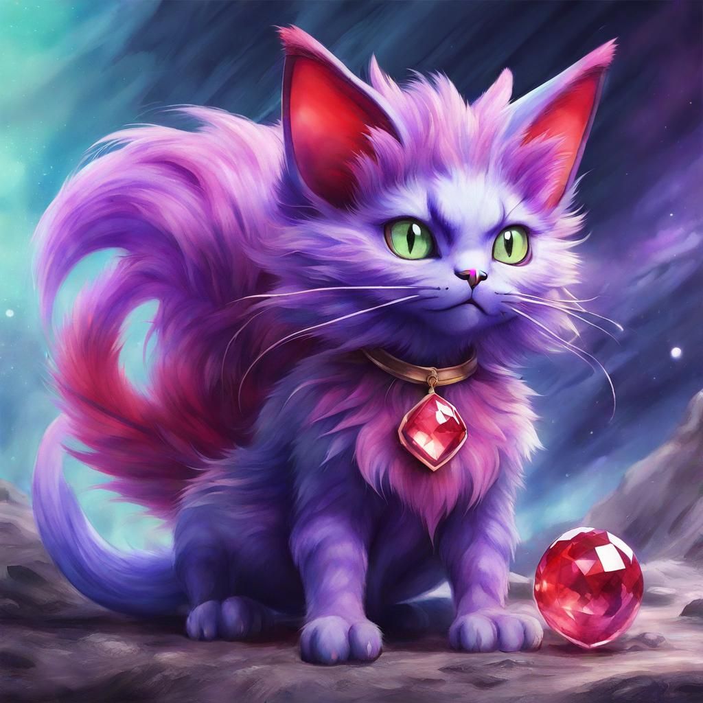 Watercolor Alien Cat Pokemon with Purple Fur