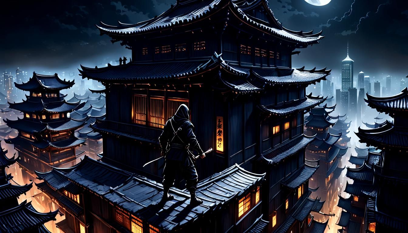 Ninja Ascends Skyscraper in Dark Fantasy Style