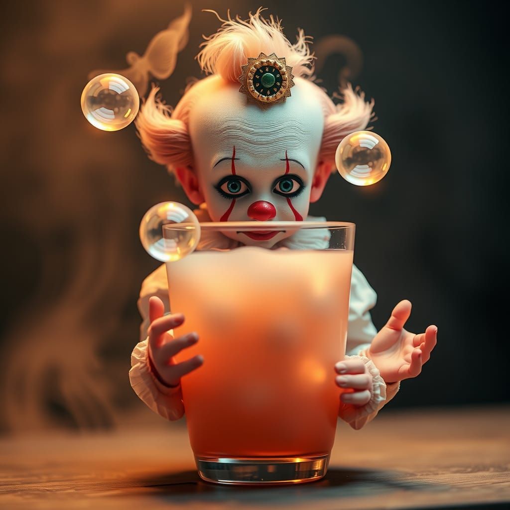 Melancholic Clown Juggling Boba Tea: Dreamlike Digital Art
