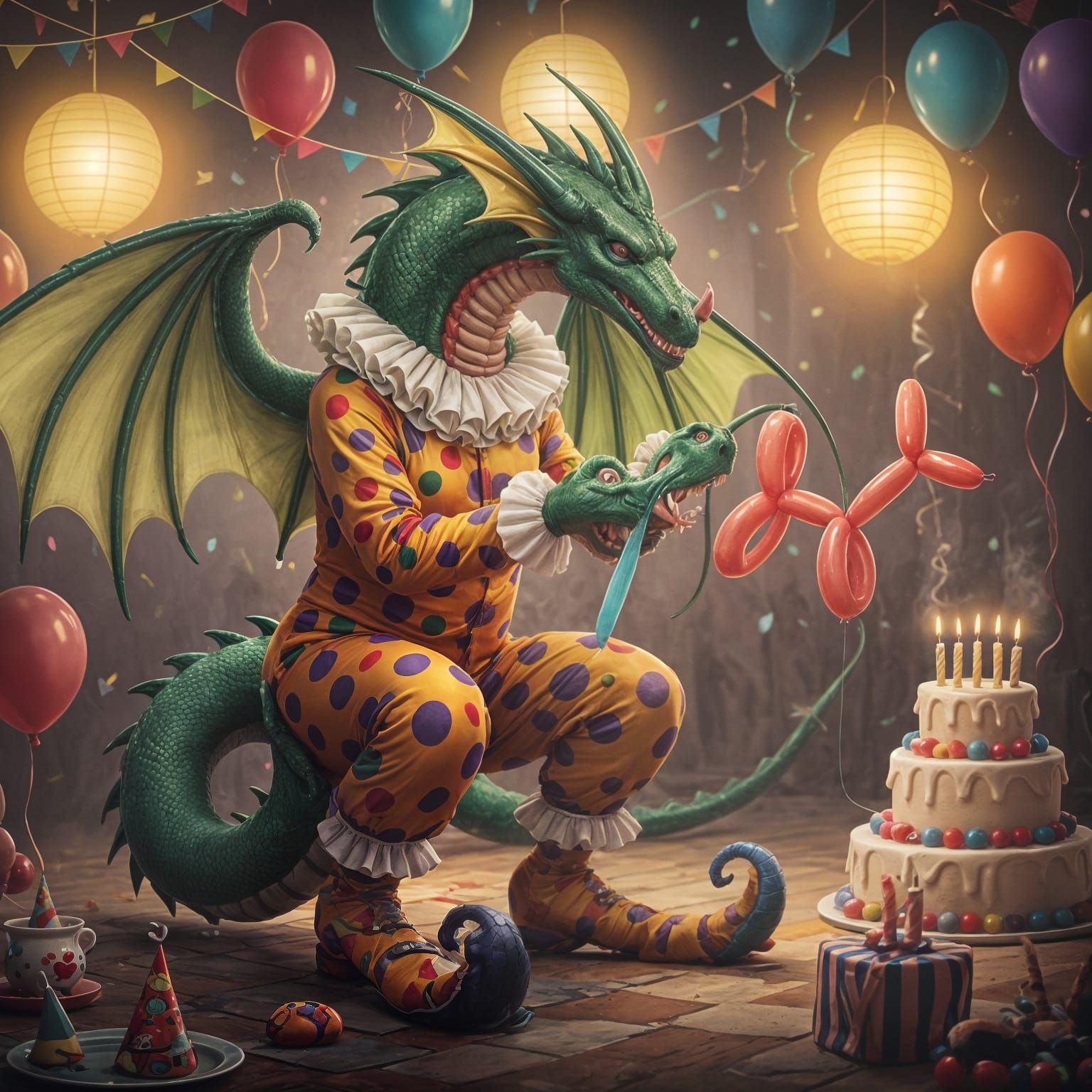Dragon Clown Makes Balloon Animals at Birthday Party