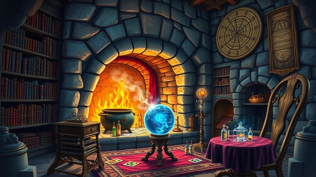 Mythpunk Mage's Study with Vibrant Colours