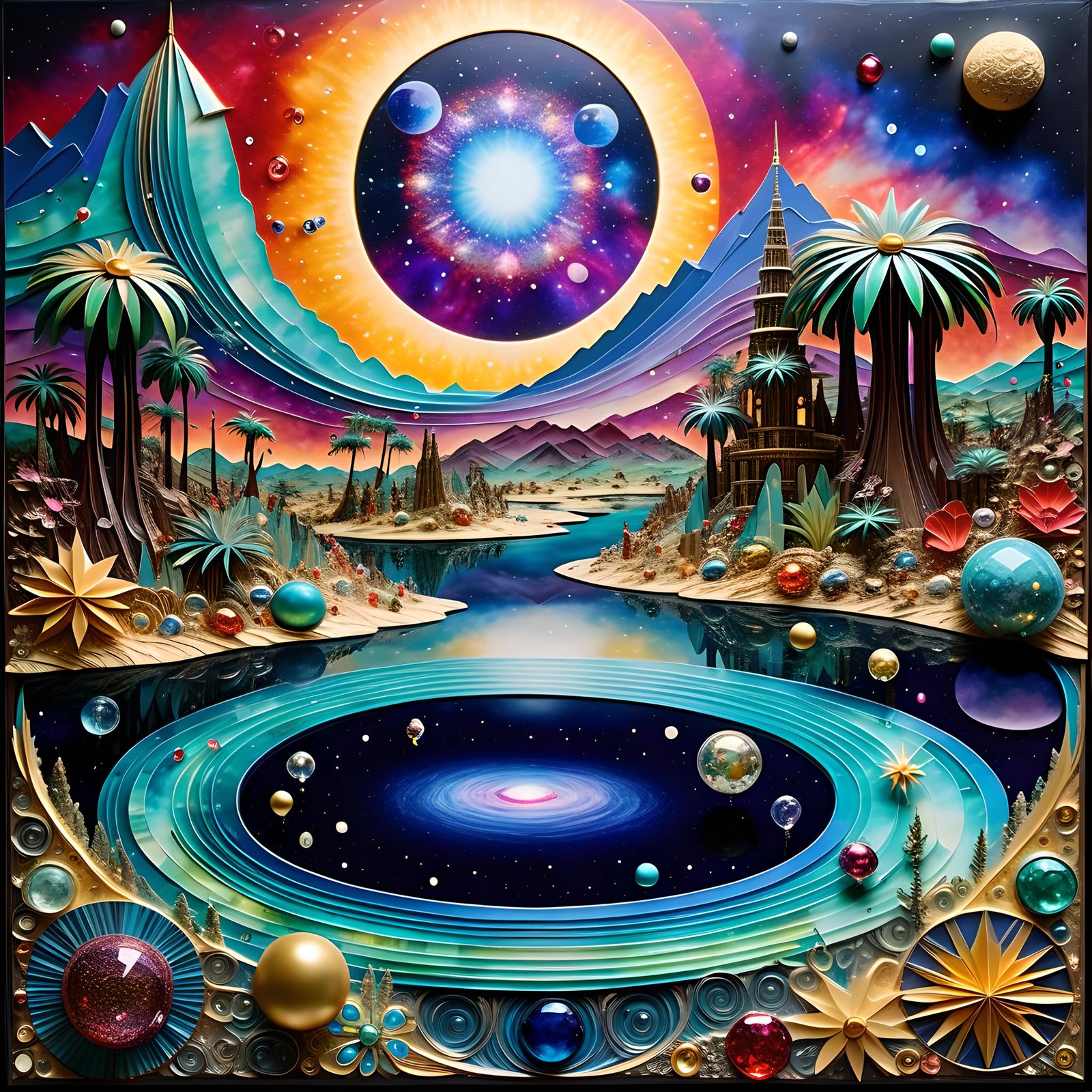 Bejeweled Galactic Oasis in Paper-Crafted Style