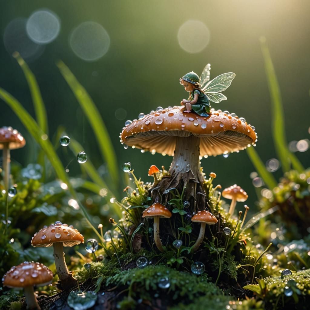 Macro Photo of Fairy on Mushroom with Dew
