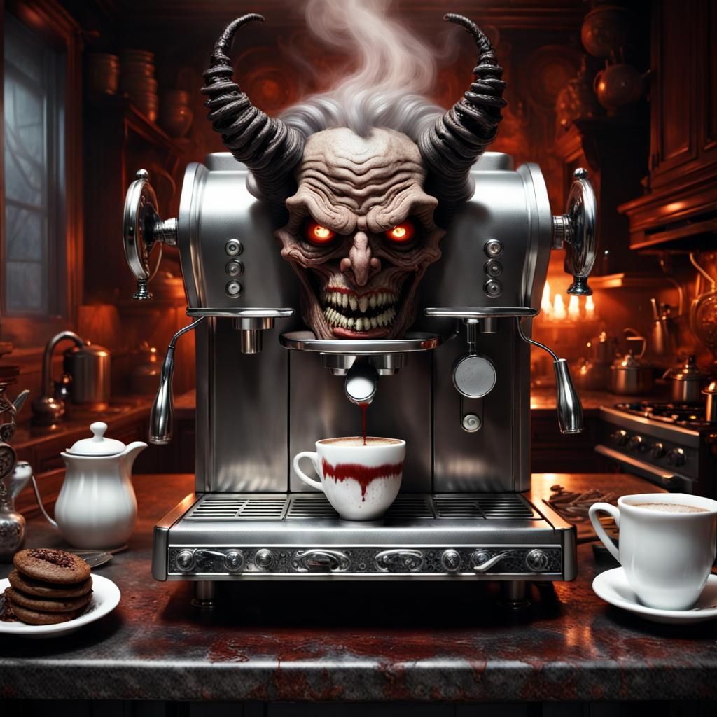 Demonic Espresso Machine in Horror Style