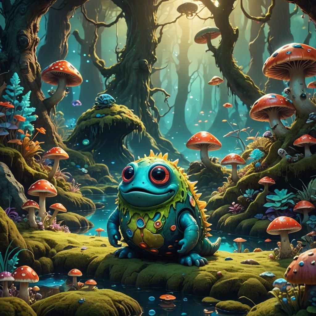 Cartoon Monster and Fish in Fantasy Landscape