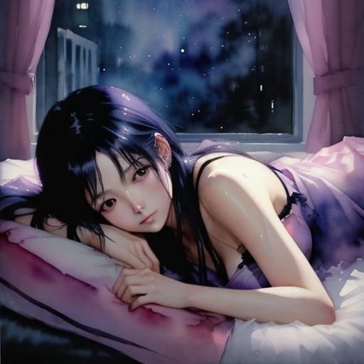Anime Watercolor of Rinoa Heartilly in Bed