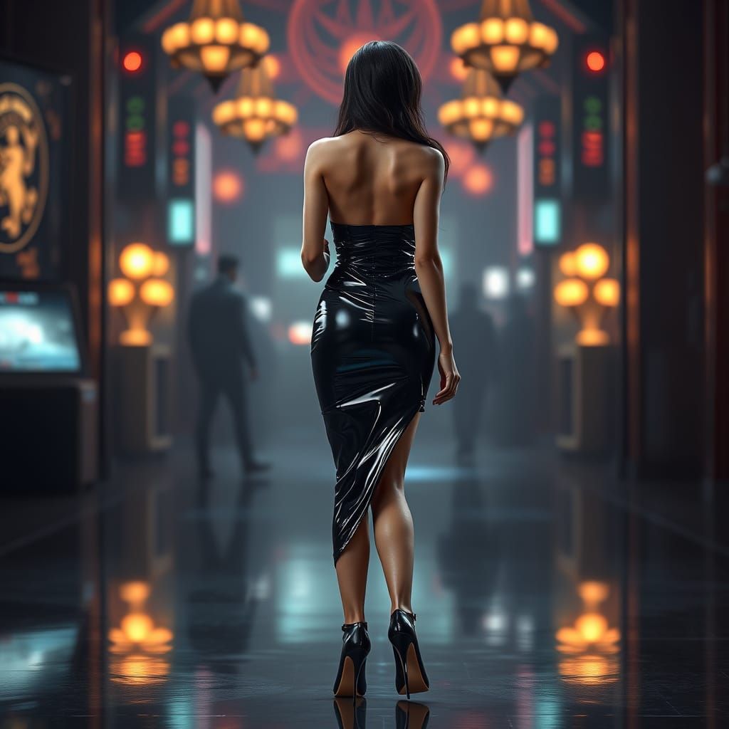 Ethereal Asian Goddess in Shimmering Latex Attire