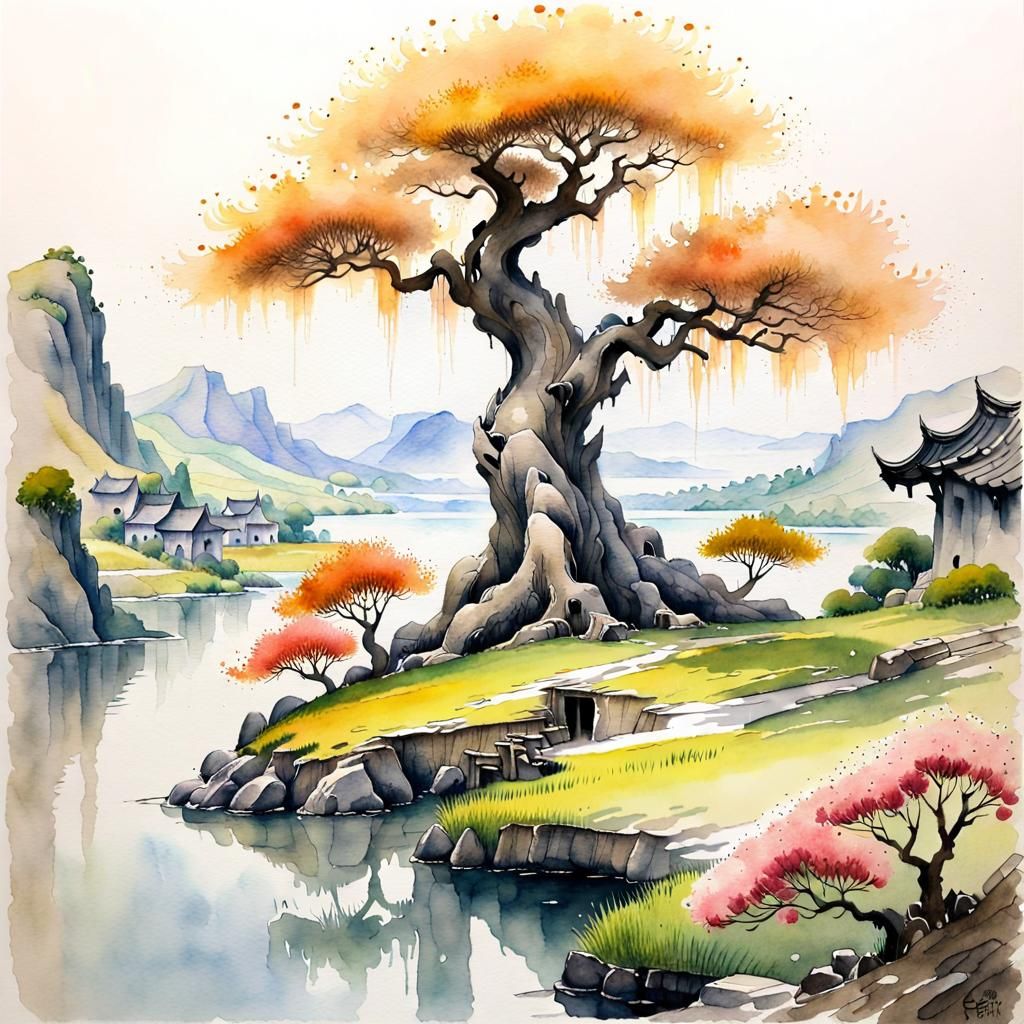 Elven Tree Watercolor Painting with Floral Hills