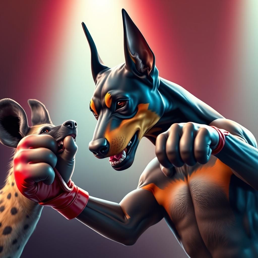 A boxing Doberman pincher knocking out a laughing hyena By a...