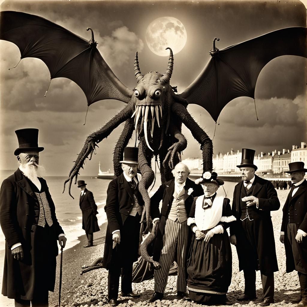 Lovecraftian Monster on Brighton Seafront, Sepia Photograph