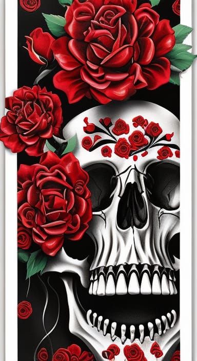 Skull Tattoo with Roses and Guns in Trash Polka Style