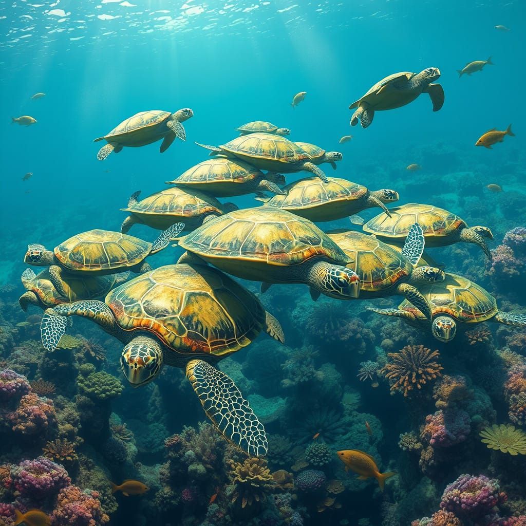 Dreamy Oceanic Realm with Green Sea Turtles and Vibrant Cora...
