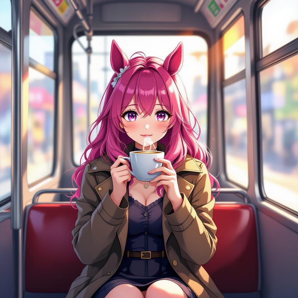 Anime Woman With Horse Ears Drinks Coffee on Tram