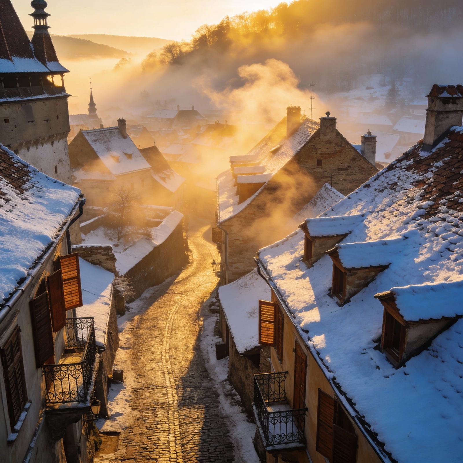 Sighisoara Village in Snowy Dawn Mist
