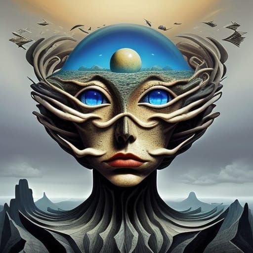 Surreal Disembodied Head with Flowing Thoughts