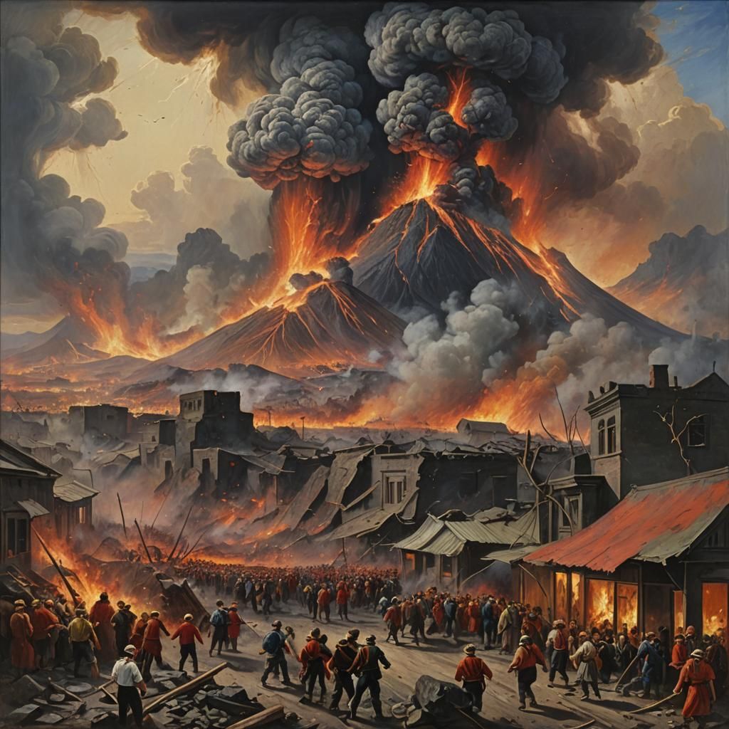 Volcanic Eruption Engulfs City: Dramatic Oil Painting