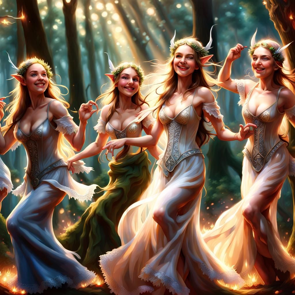 Elven Musicians Dancing in Orchid Forest