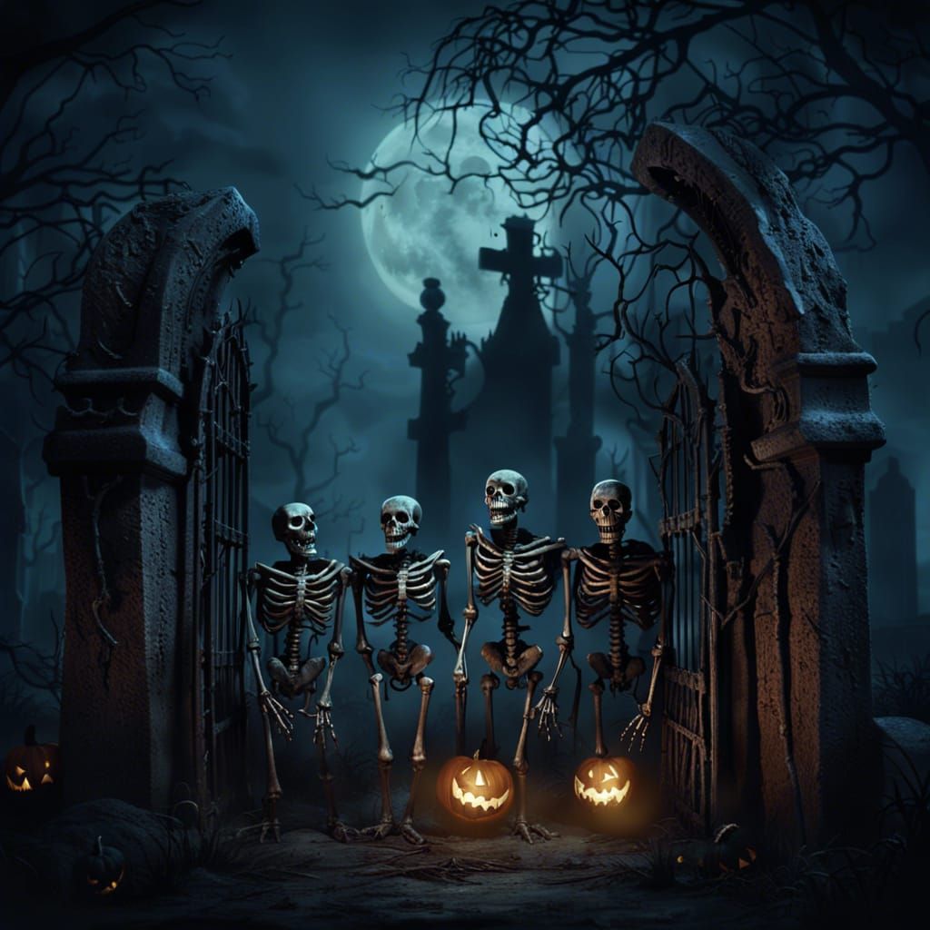 Eerie Skeletons Waving in Graveyard, Gothic Horror Art
