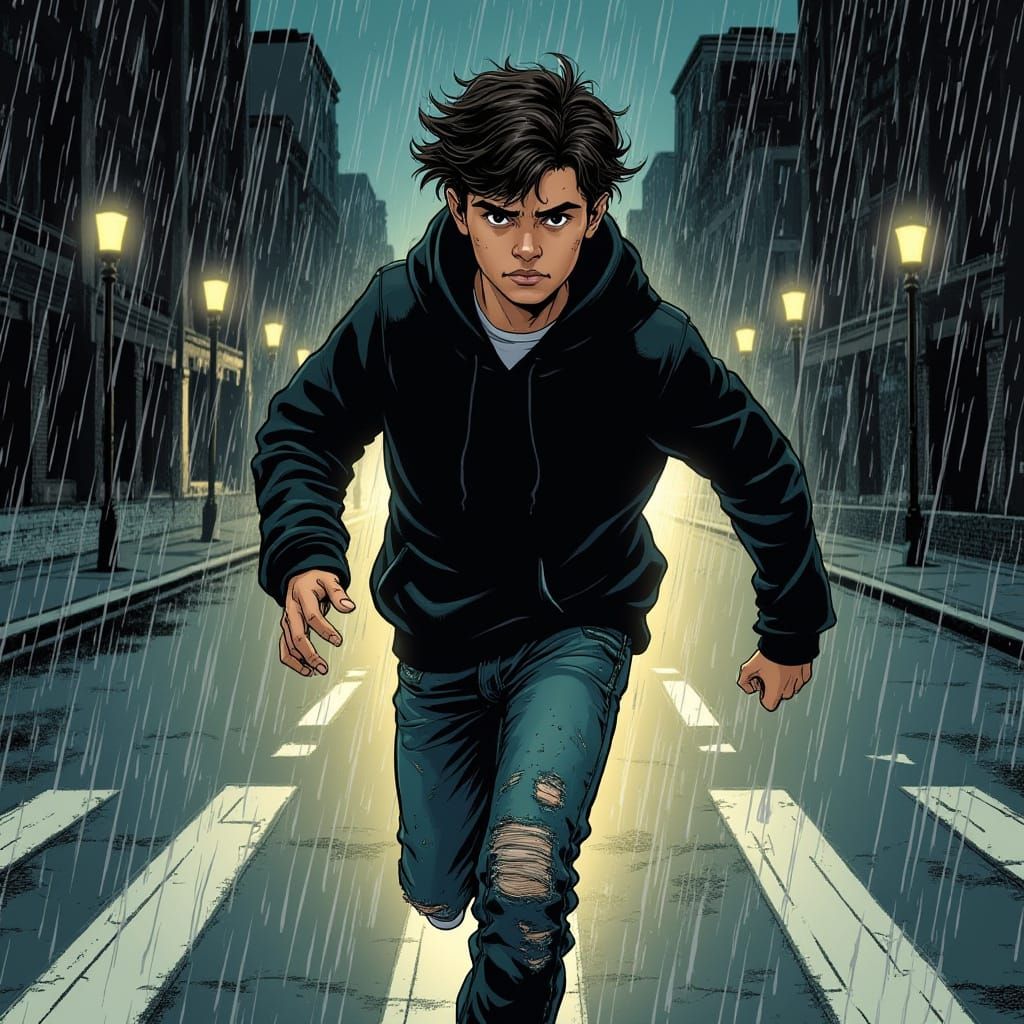 Teenage Boy Sprinting in Noir Urban Scene