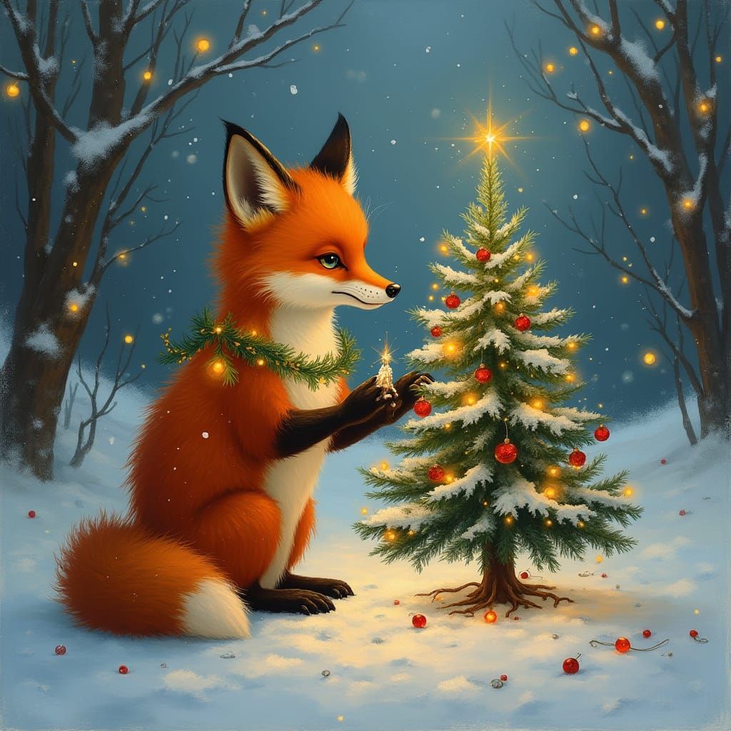 Majestic Fox Adorns Snowy Christmas Tree with Twinkling Ligh...