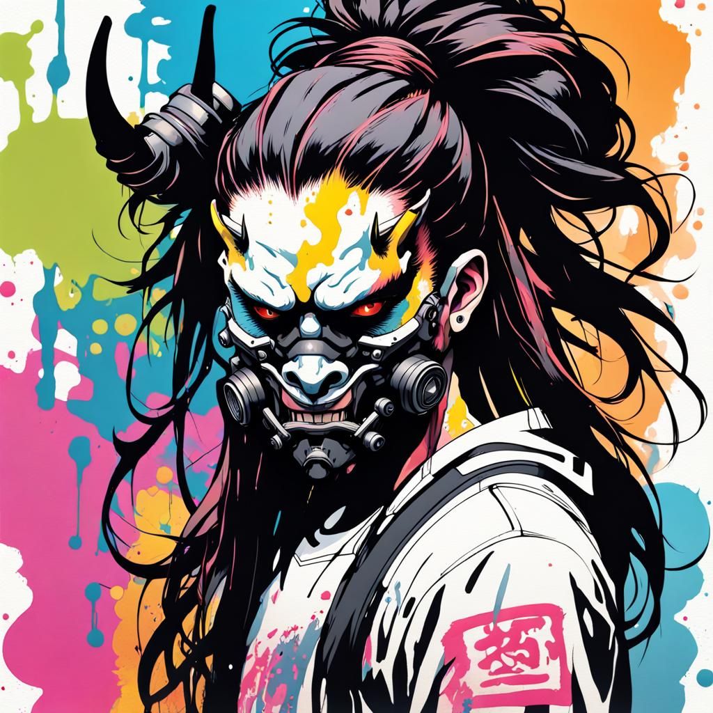 Cyberpunk Samurai with Oni Mask in Splash Art Style