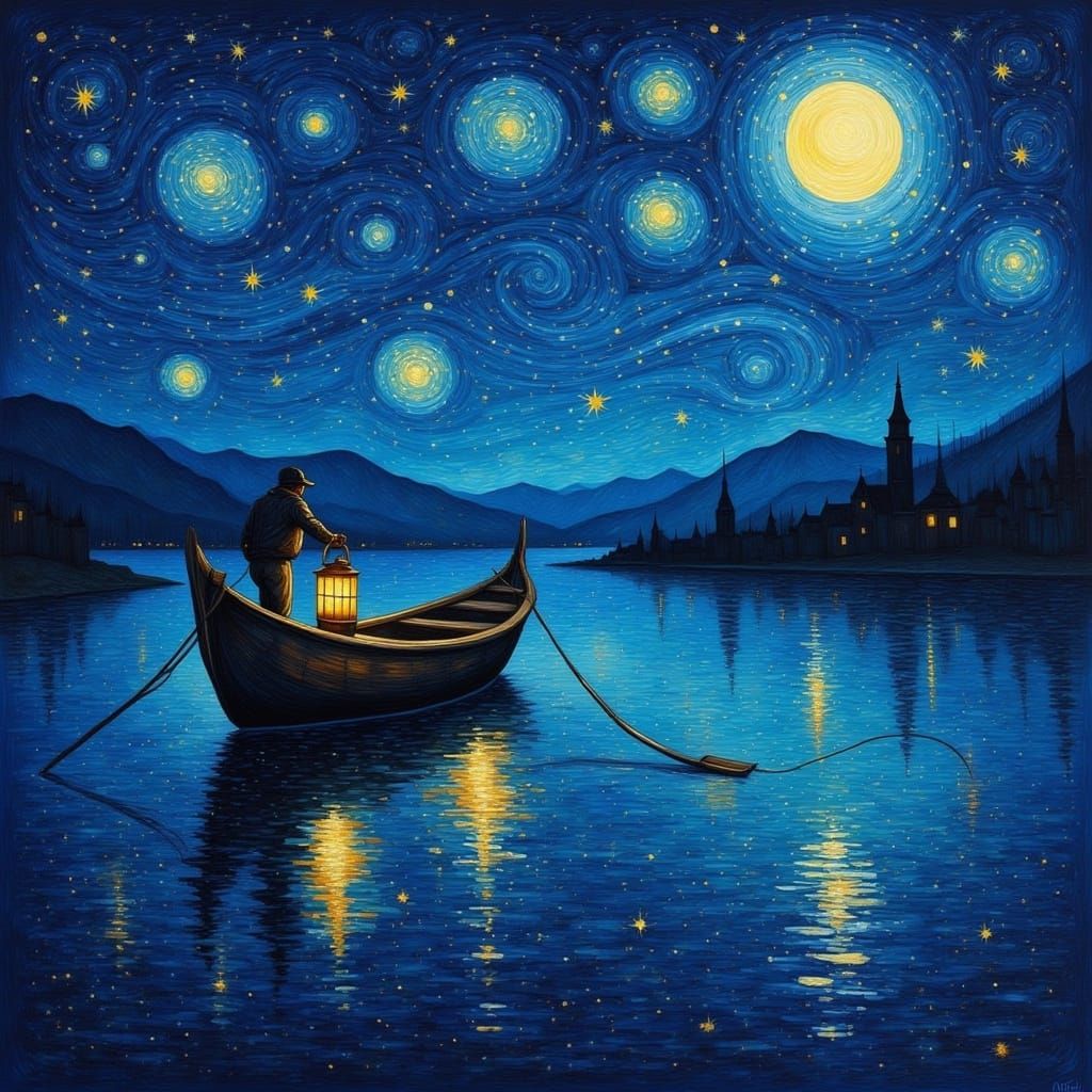 A Starry Midnight Sea in Whispers of Van Gogh's Brushstrokes