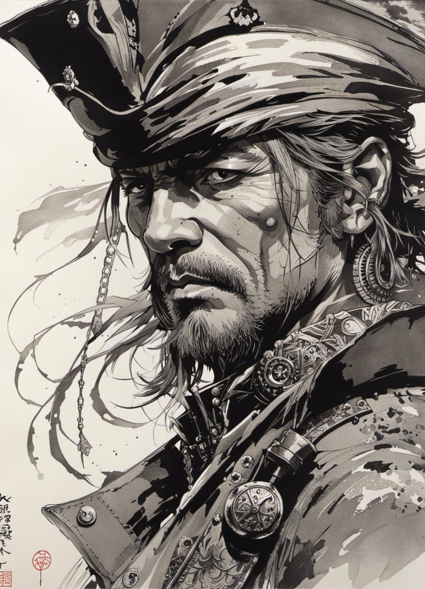 Pirate Portrait in Ink Wash Style