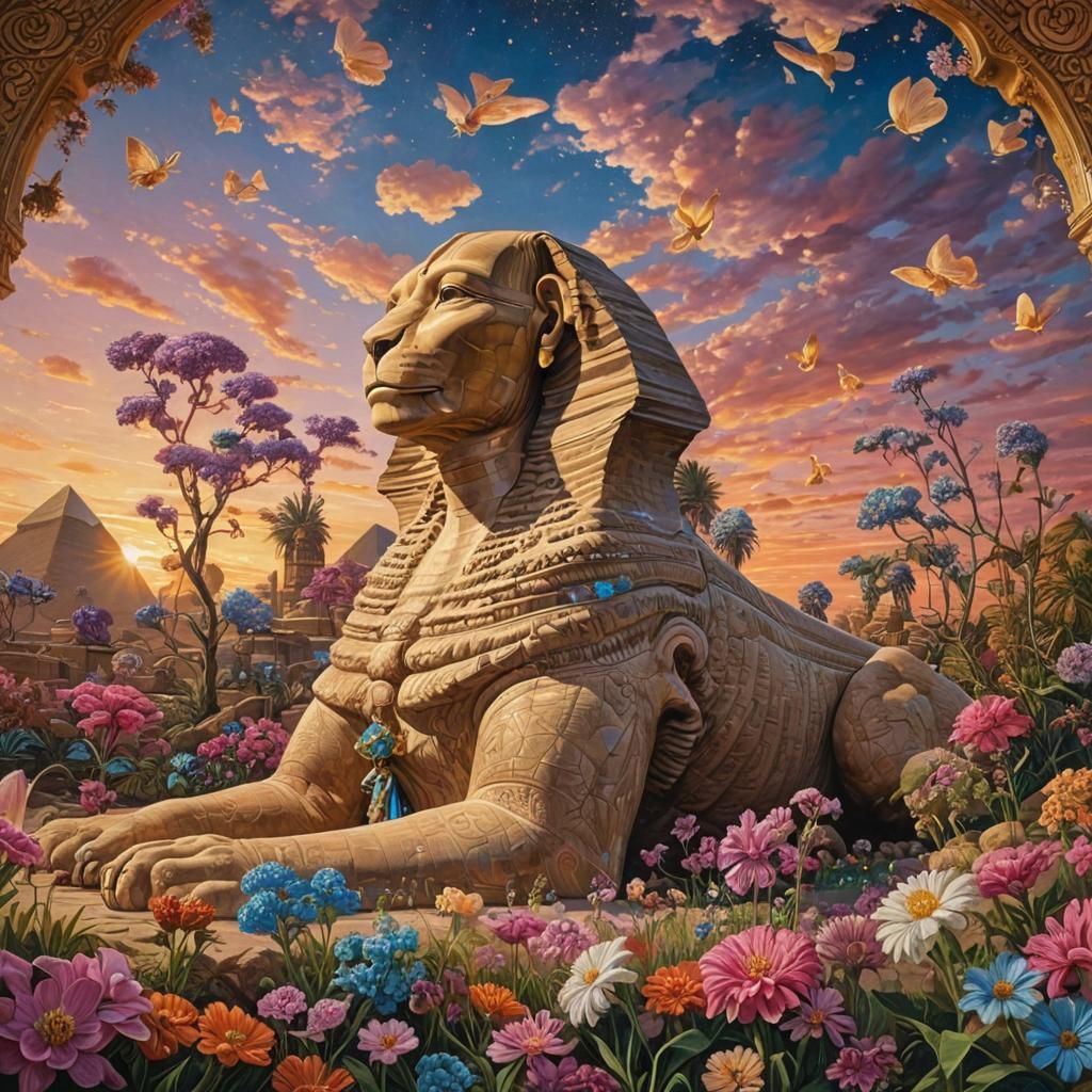 Surrealist Sphinx Sunset: An Oil Painting Inspired by Art De...
