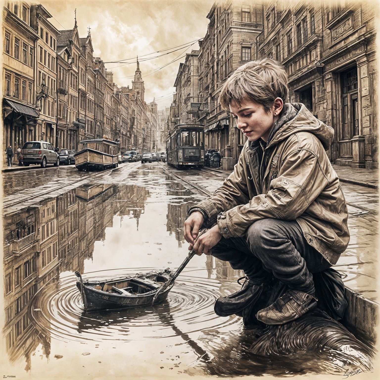 Pen and Ink Drawing of Boy with Toy Boat