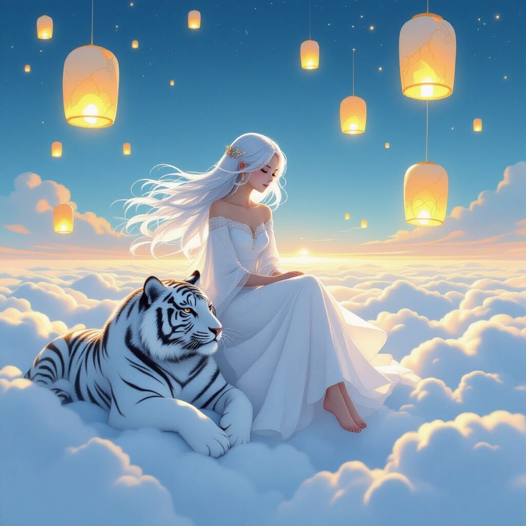 Girl and White Tiger Above Cloud Sea