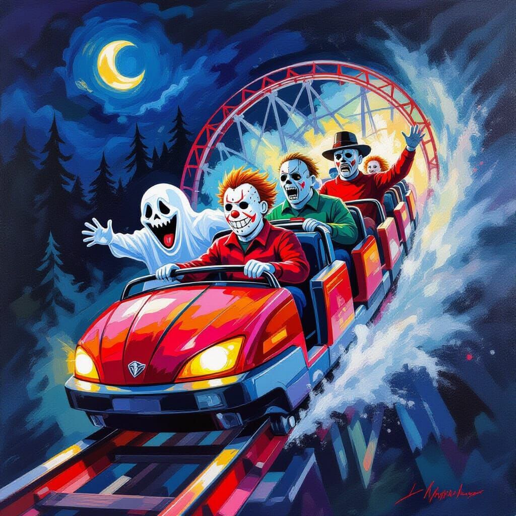 Horror Icons Scream on a Nighttime Rollercoaster
