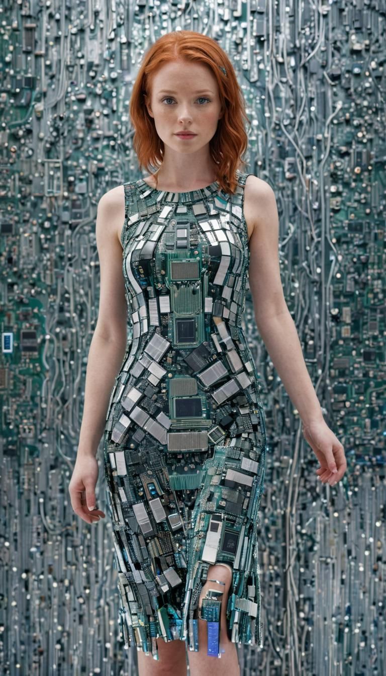 Red-Haired Woman in a Computer Chip Dress