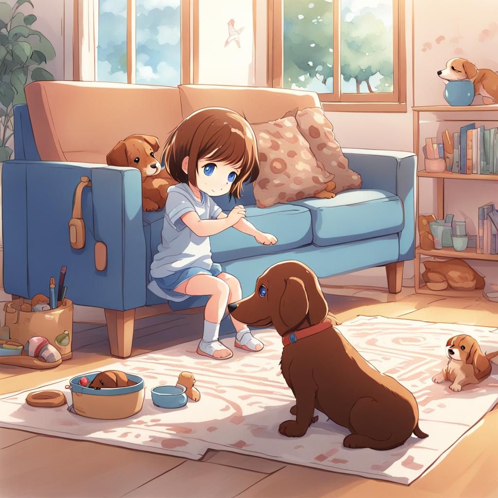 Baby Girl and Dachshund in Anime Style