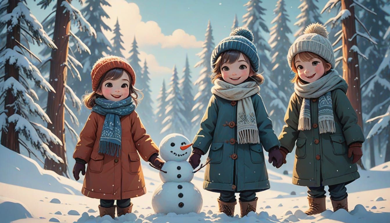 children in vintage winter attire play in a serene snow-cove...