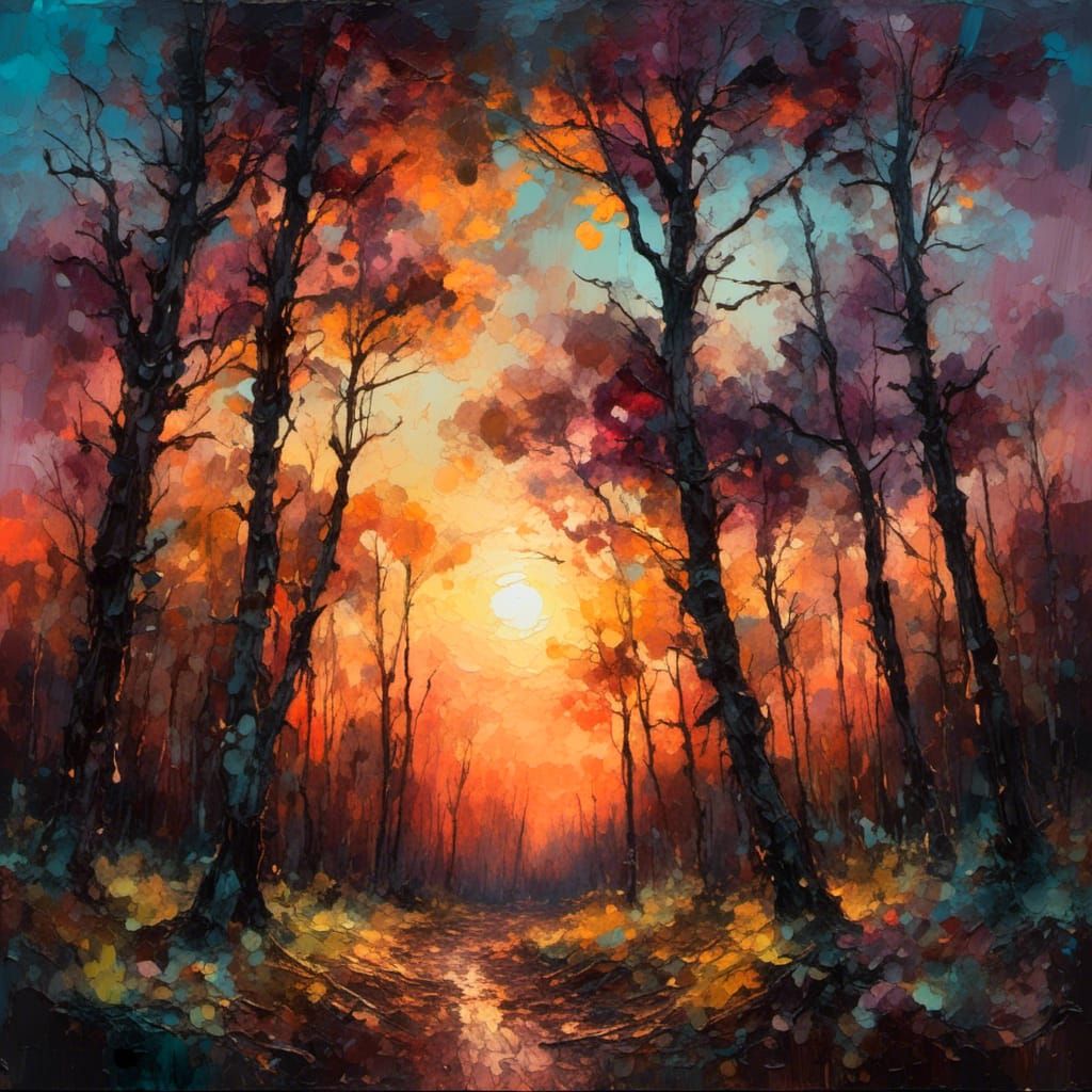 Dramatic Forest Sunset in Expressionist Oil Painting Style