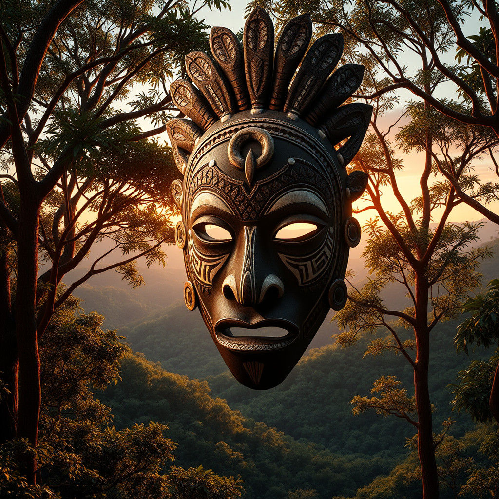 African Mask in Rainforest, 3D Anime Style