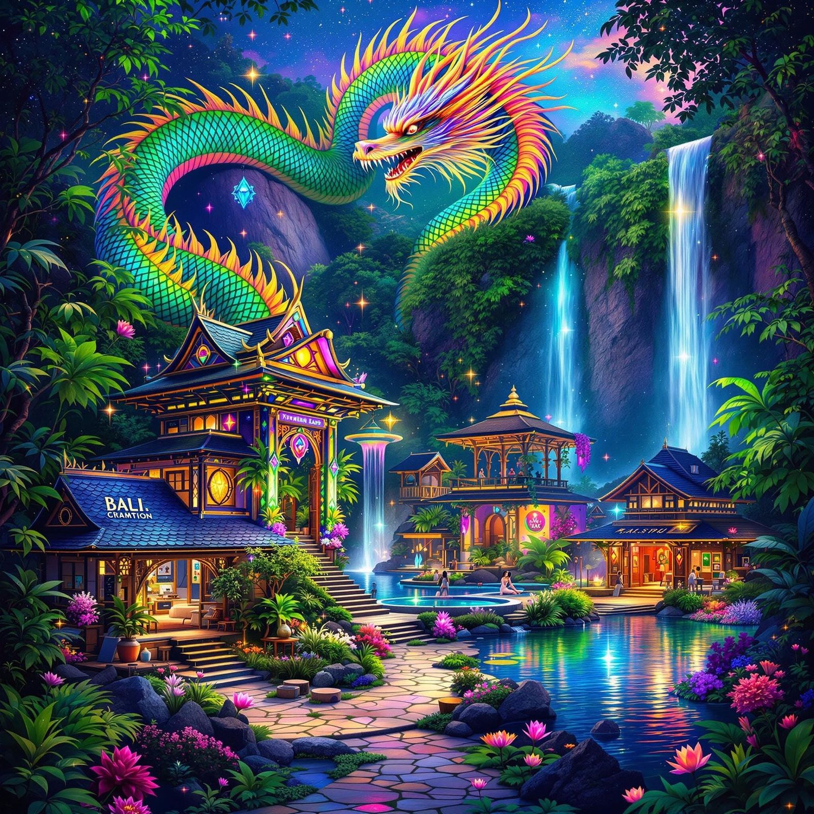 Whimsical Balinese Village with Rainbow Dragon in Lush Green...