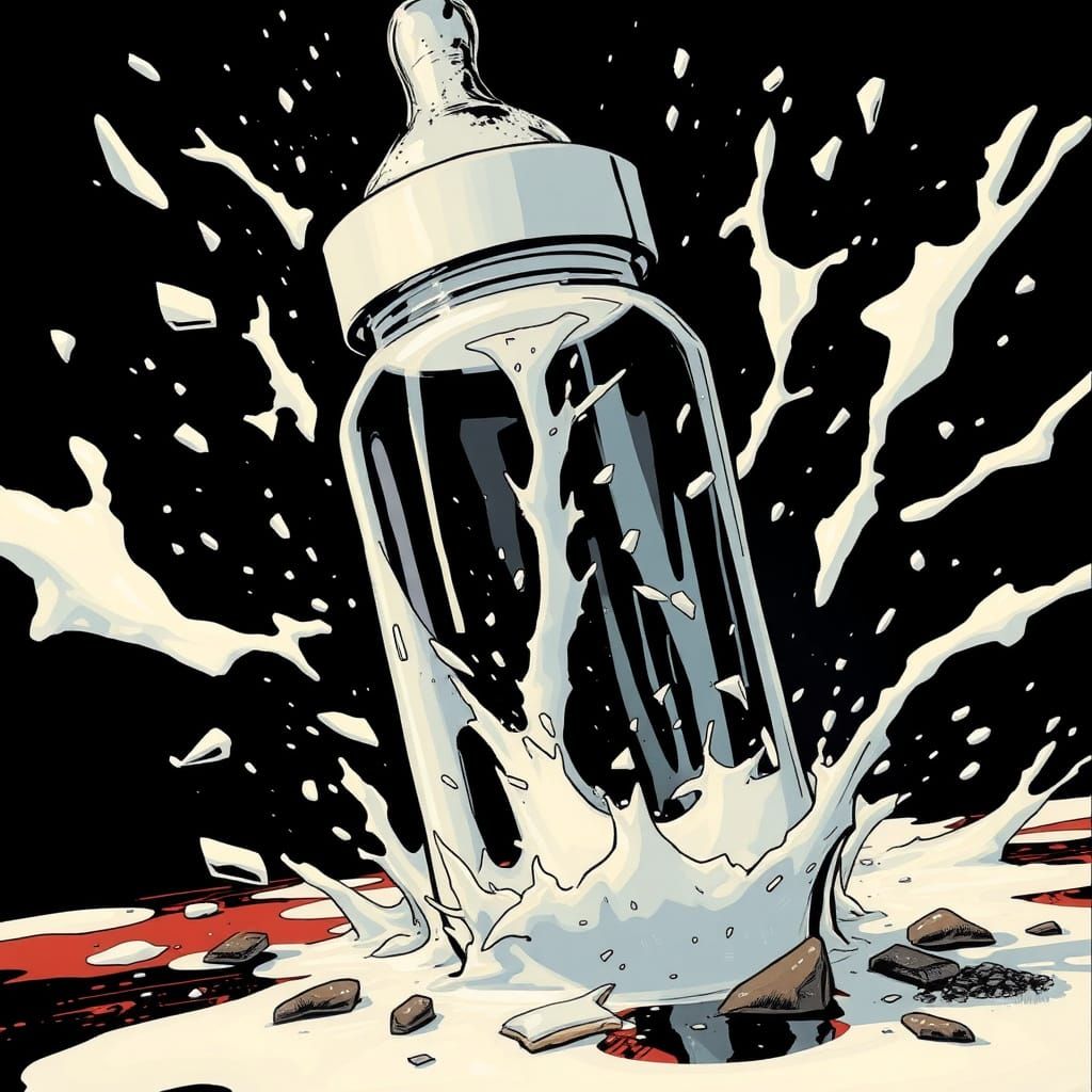 Surreal Scene of Shattered Baby Bottle in Gritty Graphic Nov...