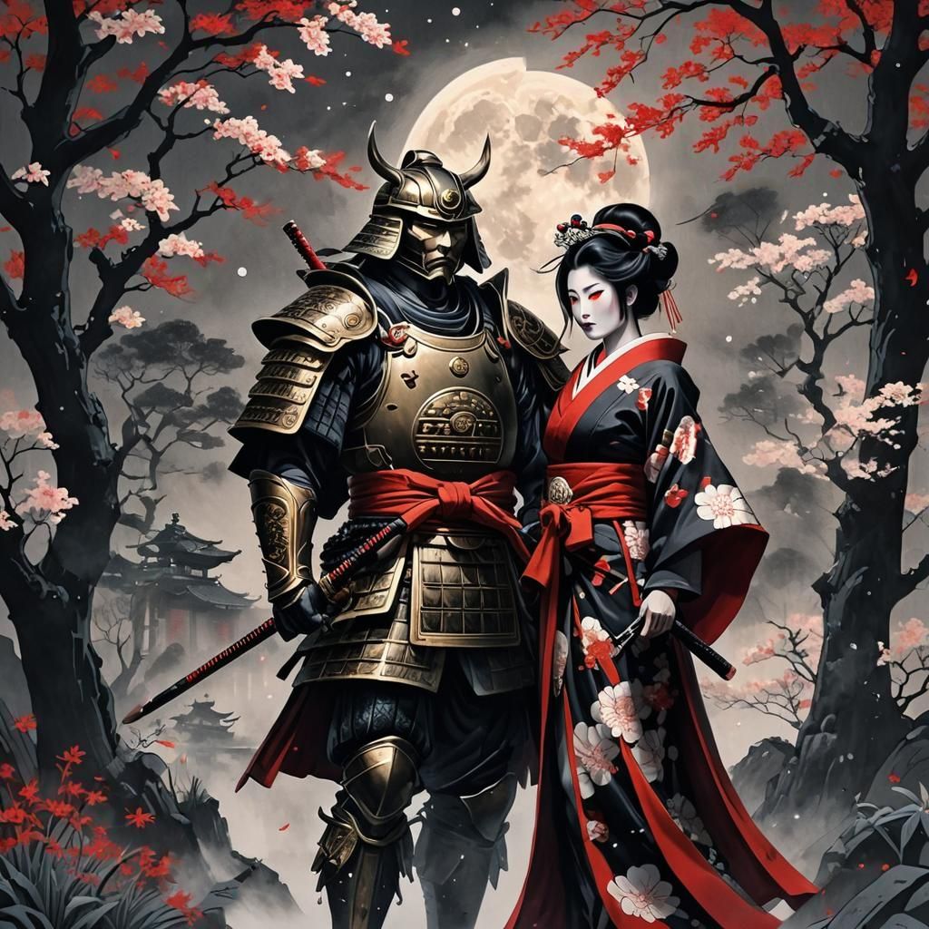 Ukiyo-e Warrior Protecting Geisha in Moonlight