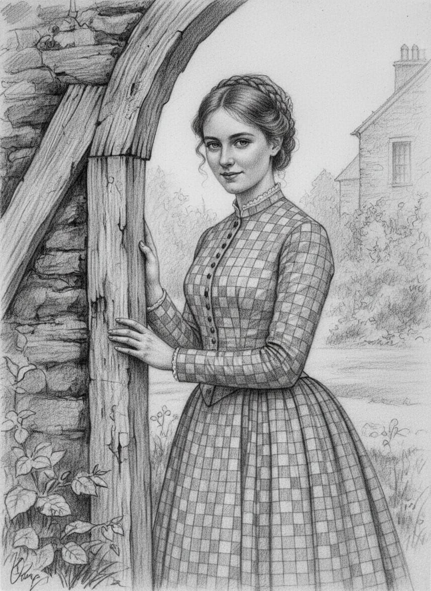 Victorian Woman in Checkered Dress by Rustic Entryway, Graph...
