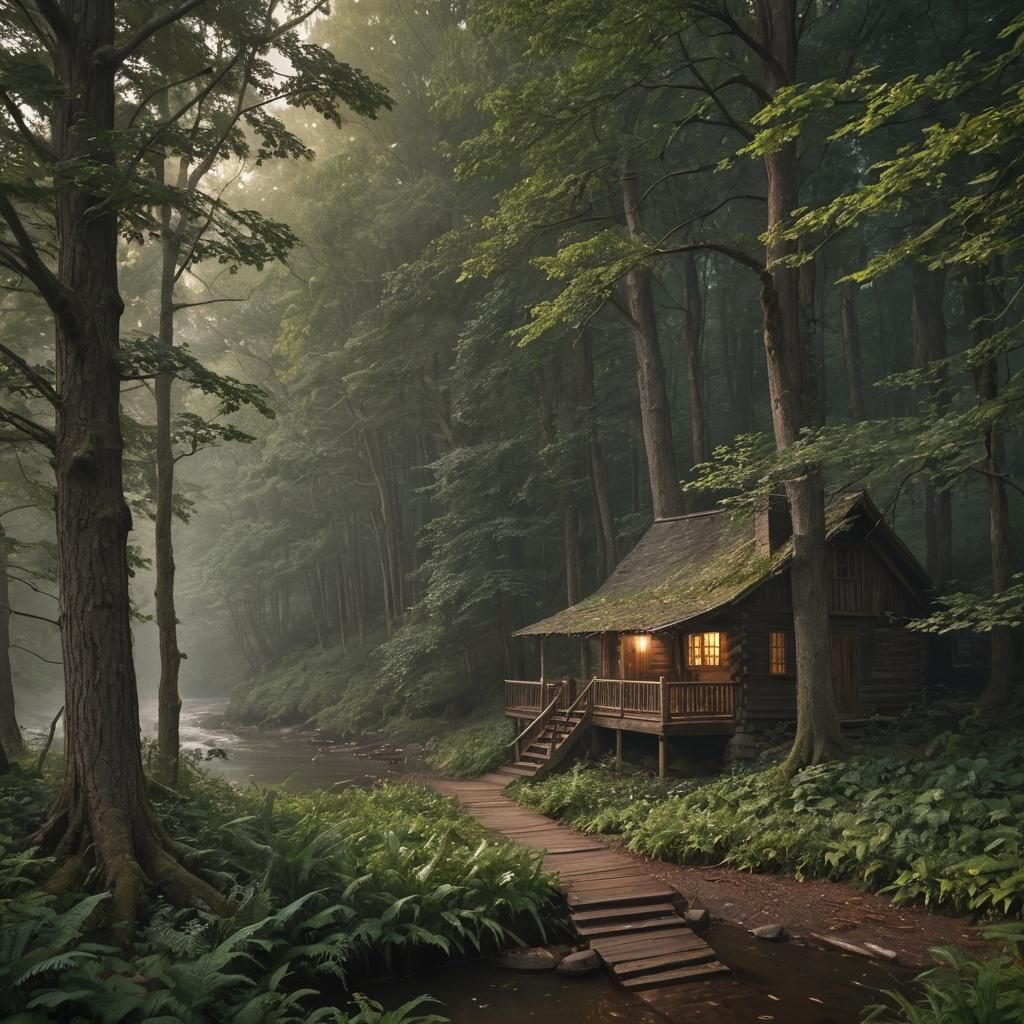 A Hyperrealistic photo of an older wooden cabin in a dense, foggy forest. The house has a few wooden steps leading up to...