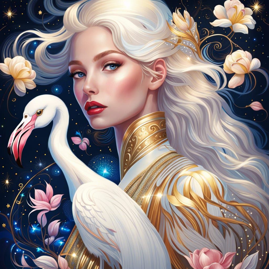 Flamingo Girl Portrait in Magical Starry Sky
