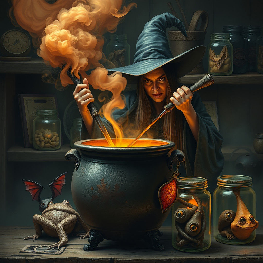 Witch Stirring Cauldron with Potion Ingredients