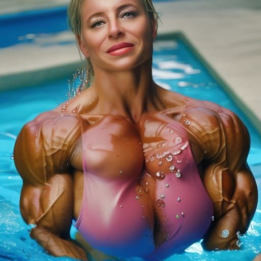 Extremely Muscular Female Bodybuilder in Pool as Digital Art