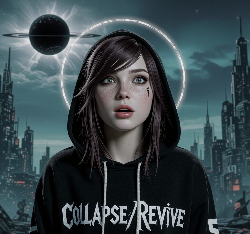 Emo Girl with Dark Orb in Dystopian Scene