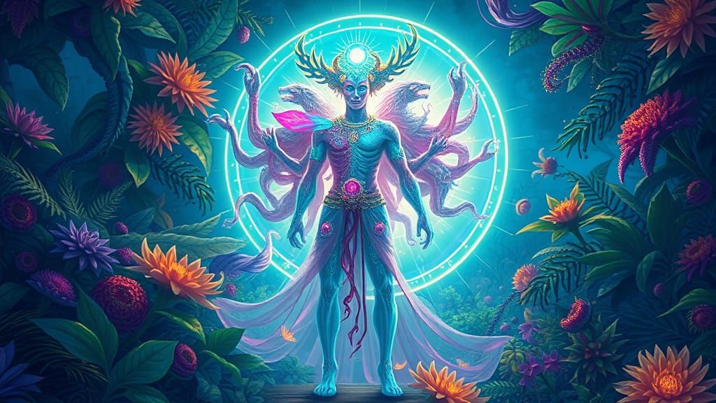 Mystical Bioluminescent Being in Lush Botanical Realm